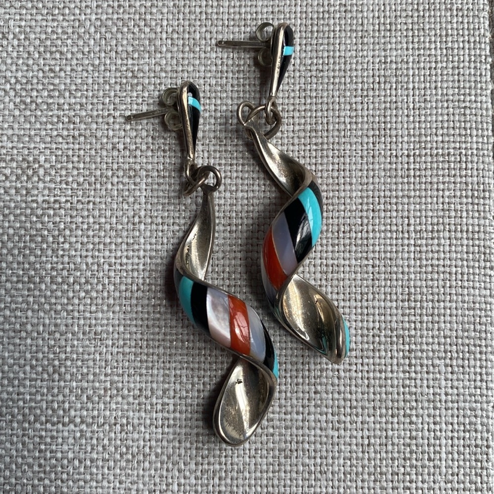 Zuni Multicolor Spiral Inlay Earrings - Picture 2 of 5